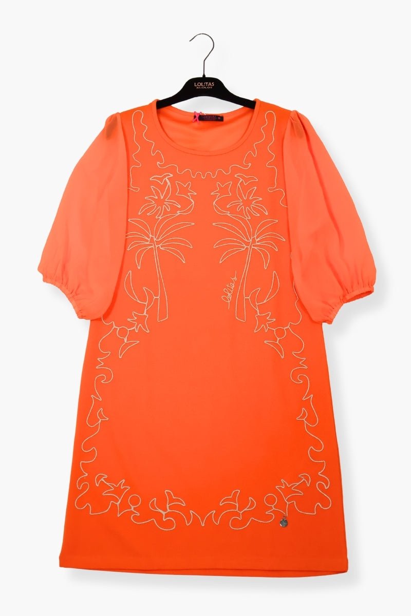 Vestido Preloved naranja corto bordado contraste de palmeras LolitasyL - lolitasyl.com