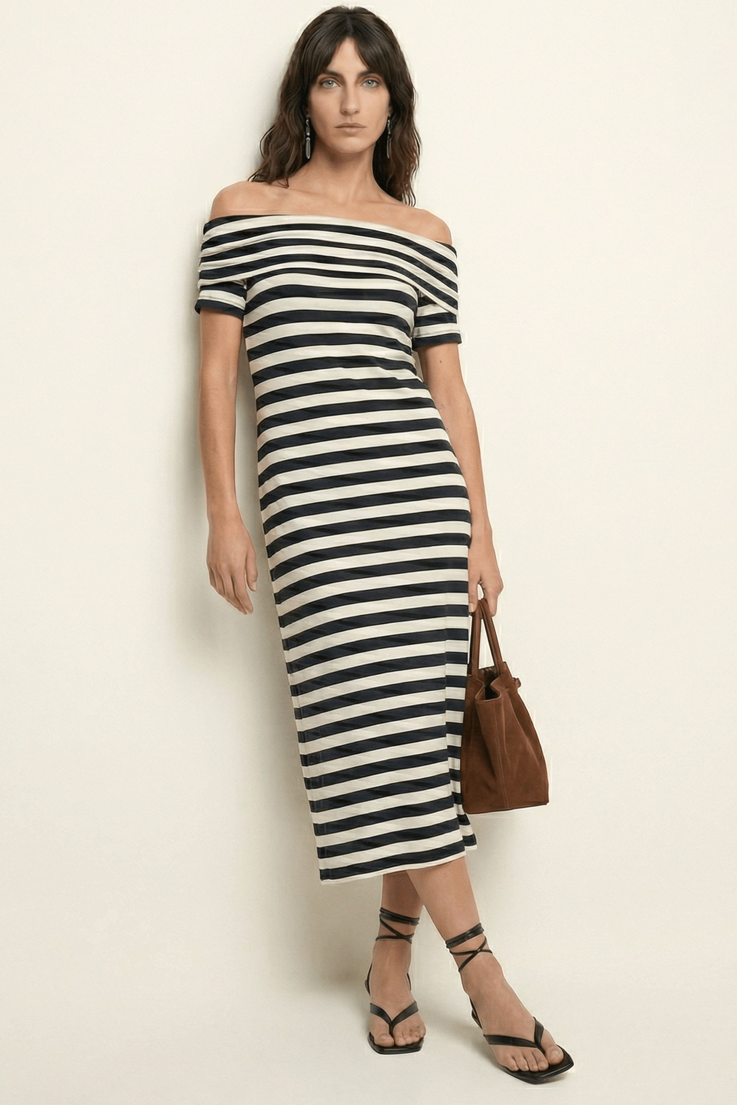 Vestido rayas largo con escote Bardot Lolitas&L - lolitasyl.com