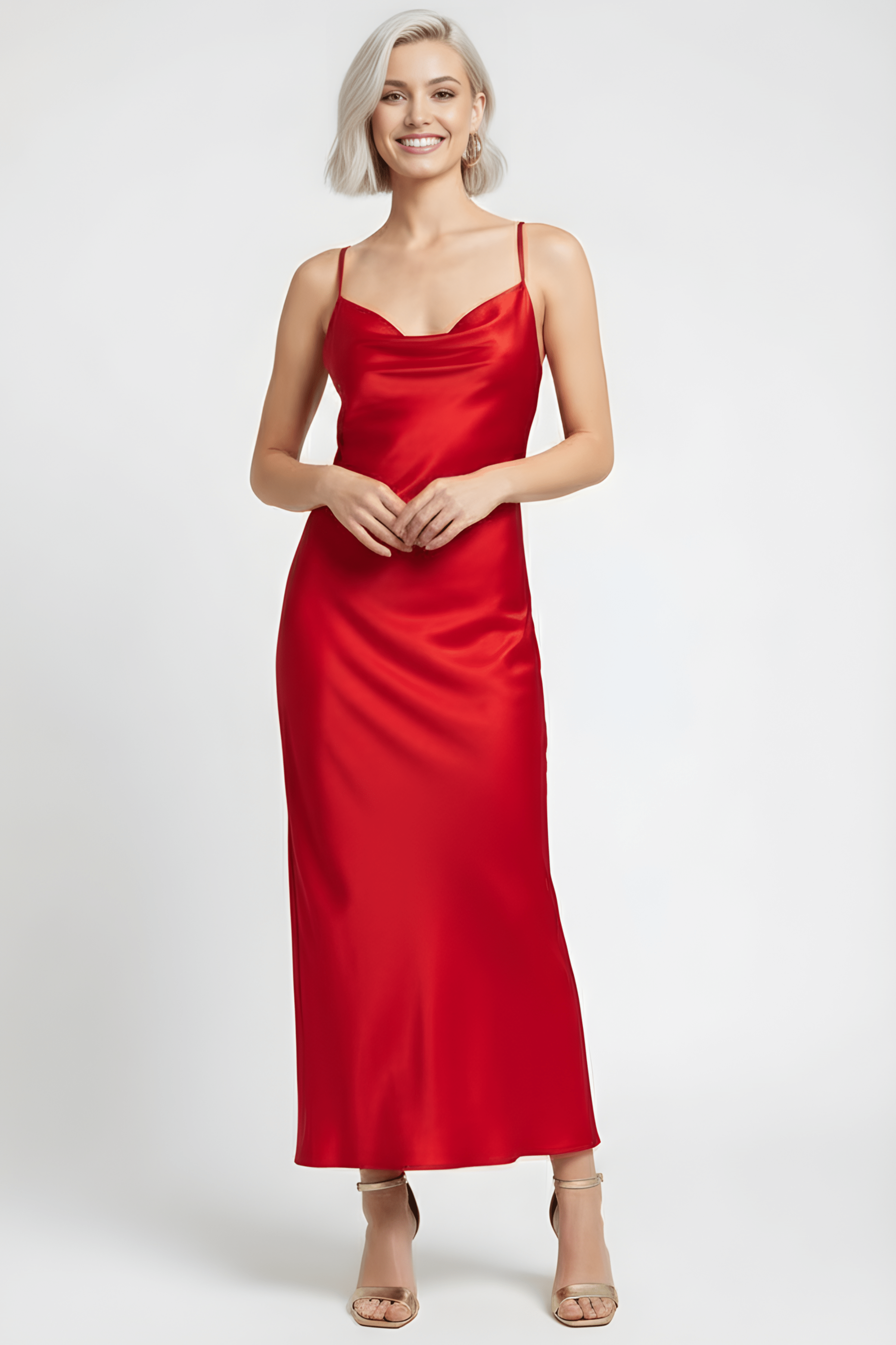 Vestido rojo de raso largo tirantes con escote fruncido LolitasyL - lolitasyl.com