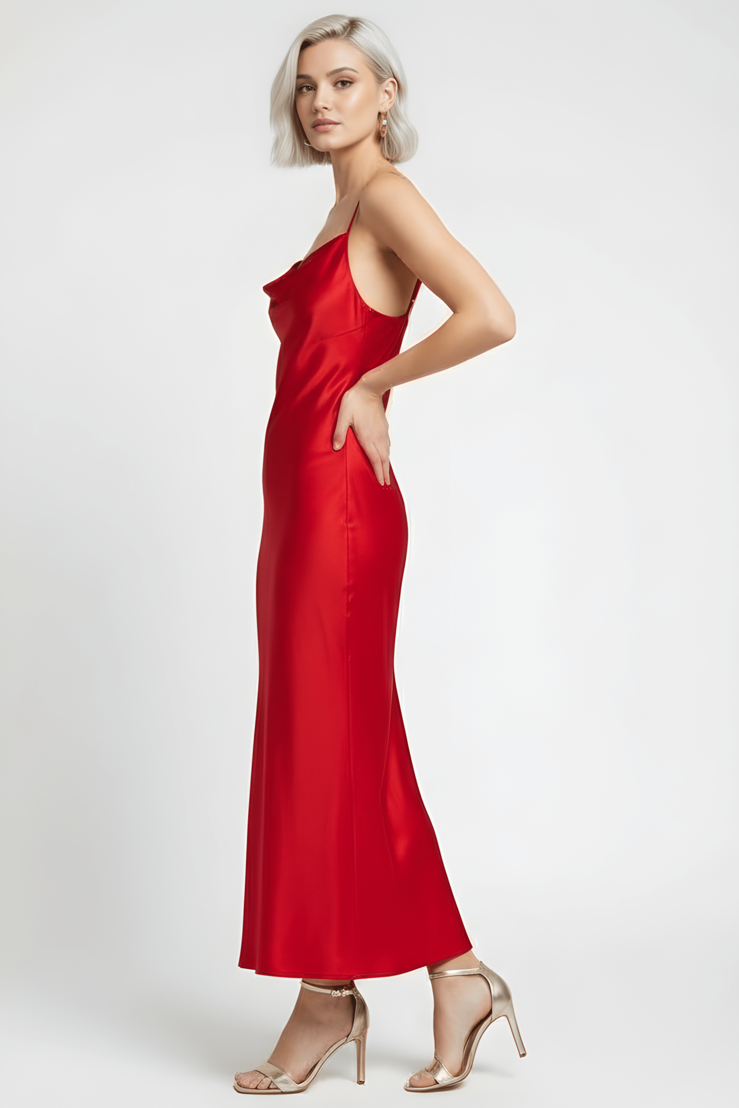 Vestido rojo de raso largo tirantes con escote fruncido LolitasyL - lolitasyl.com