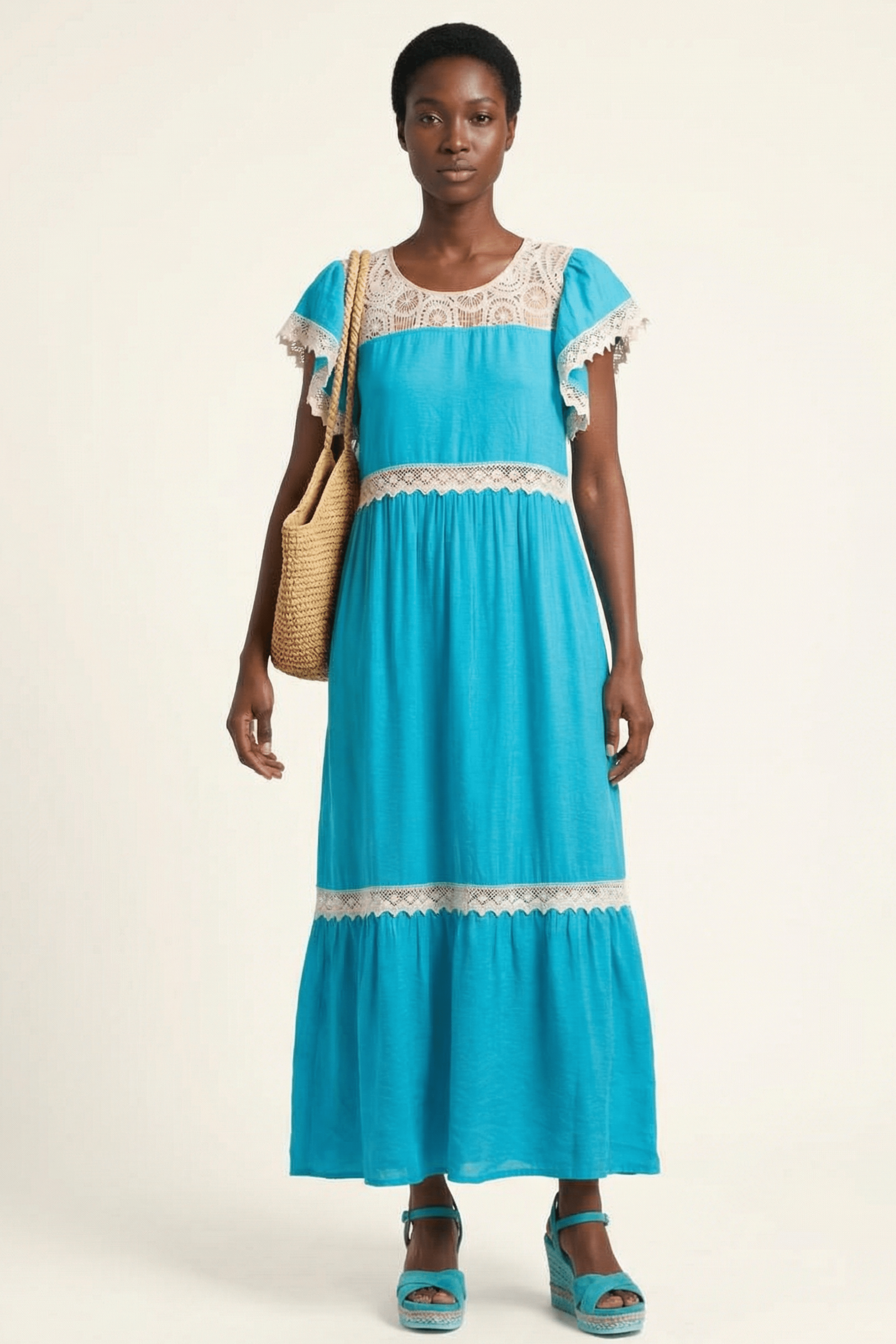 Vestido turquesa largo con detalle grogre en delantero y mangas Lolitas&L - lolitasyl.com