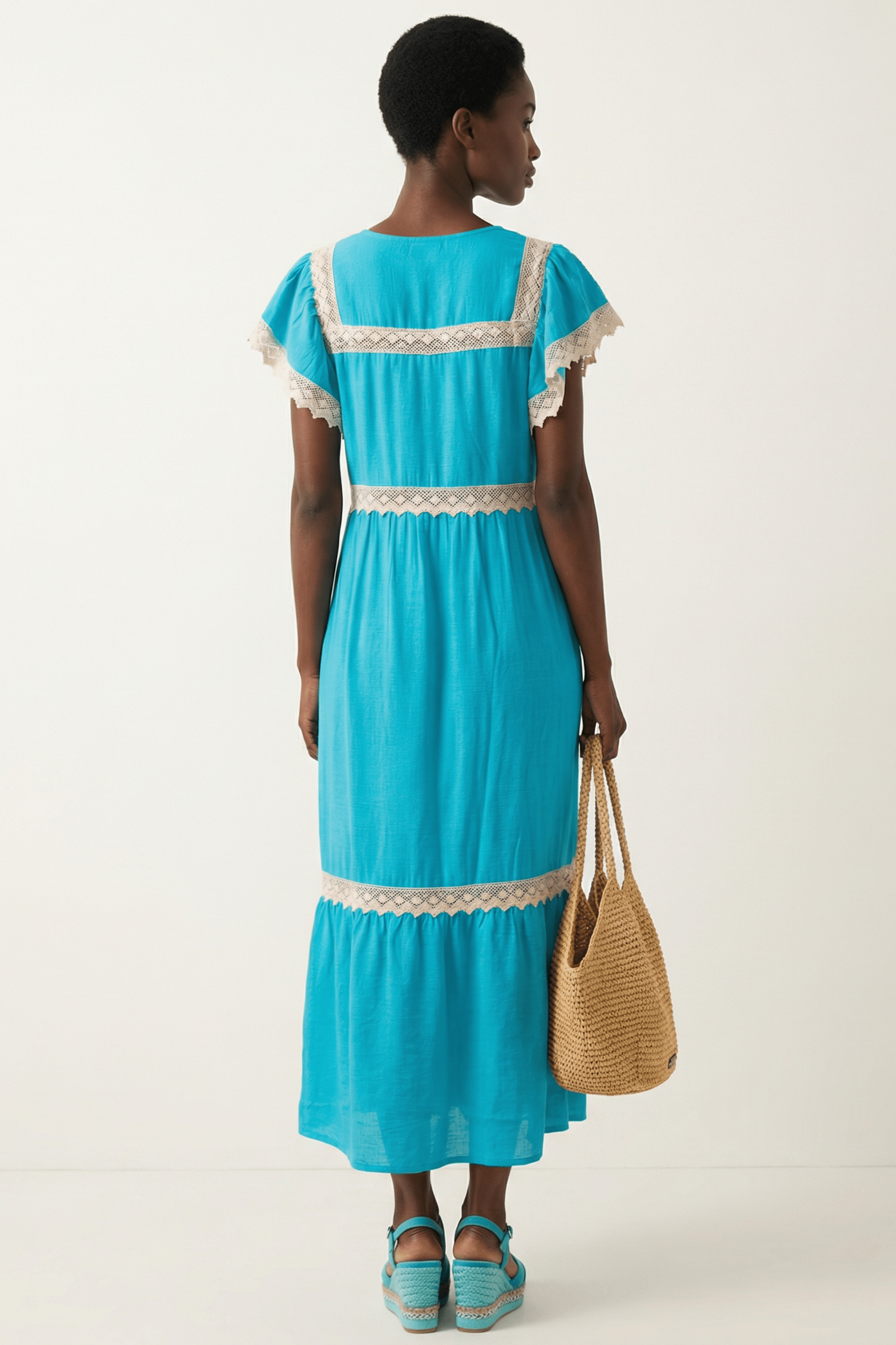 Vestido turquesa largo con detalle grogre en delantero y mangas Lolitas&L - lolitasyl.com