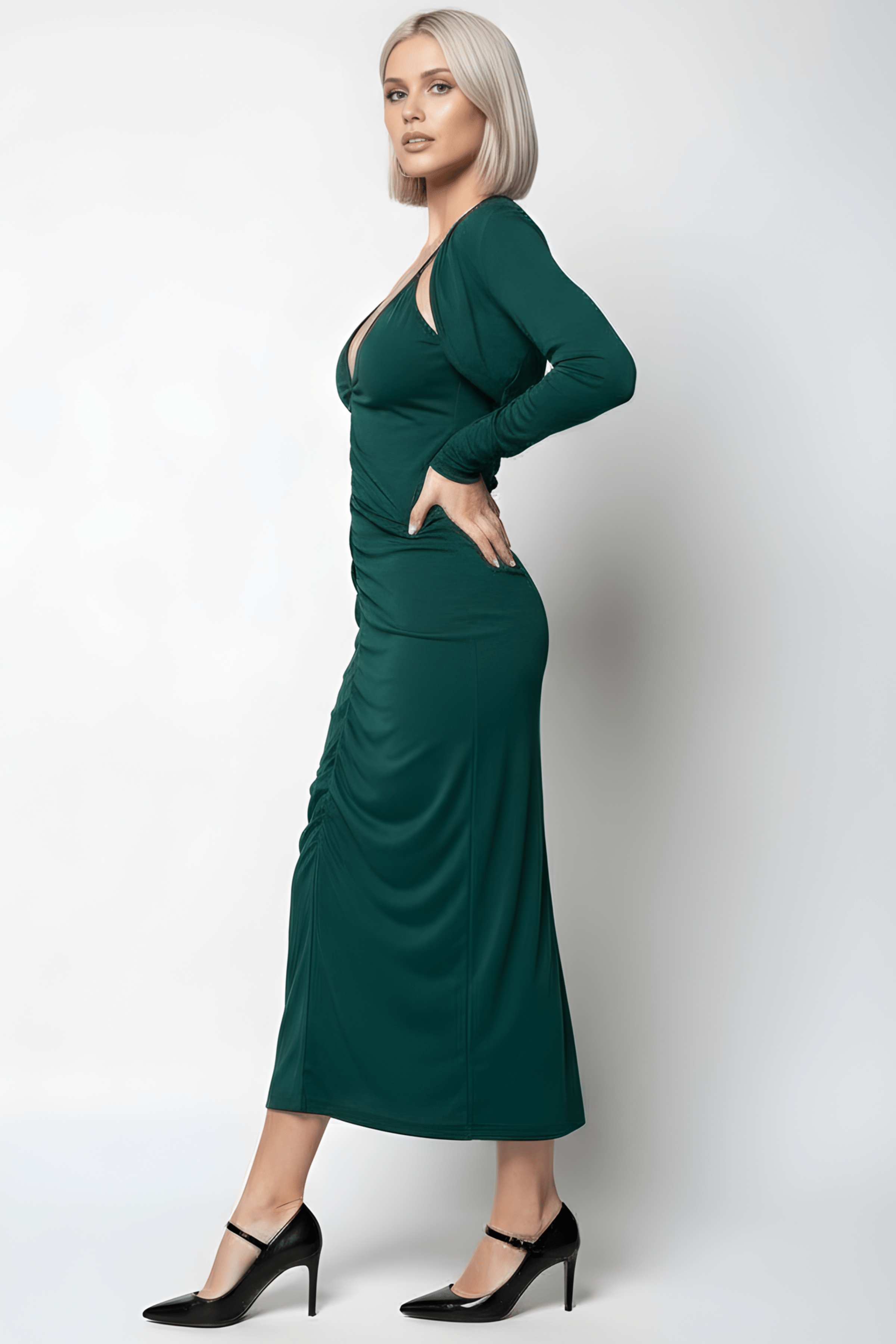 Vestido verde largo tirantes frunce con torera LolitasyL - lolitasyl.com