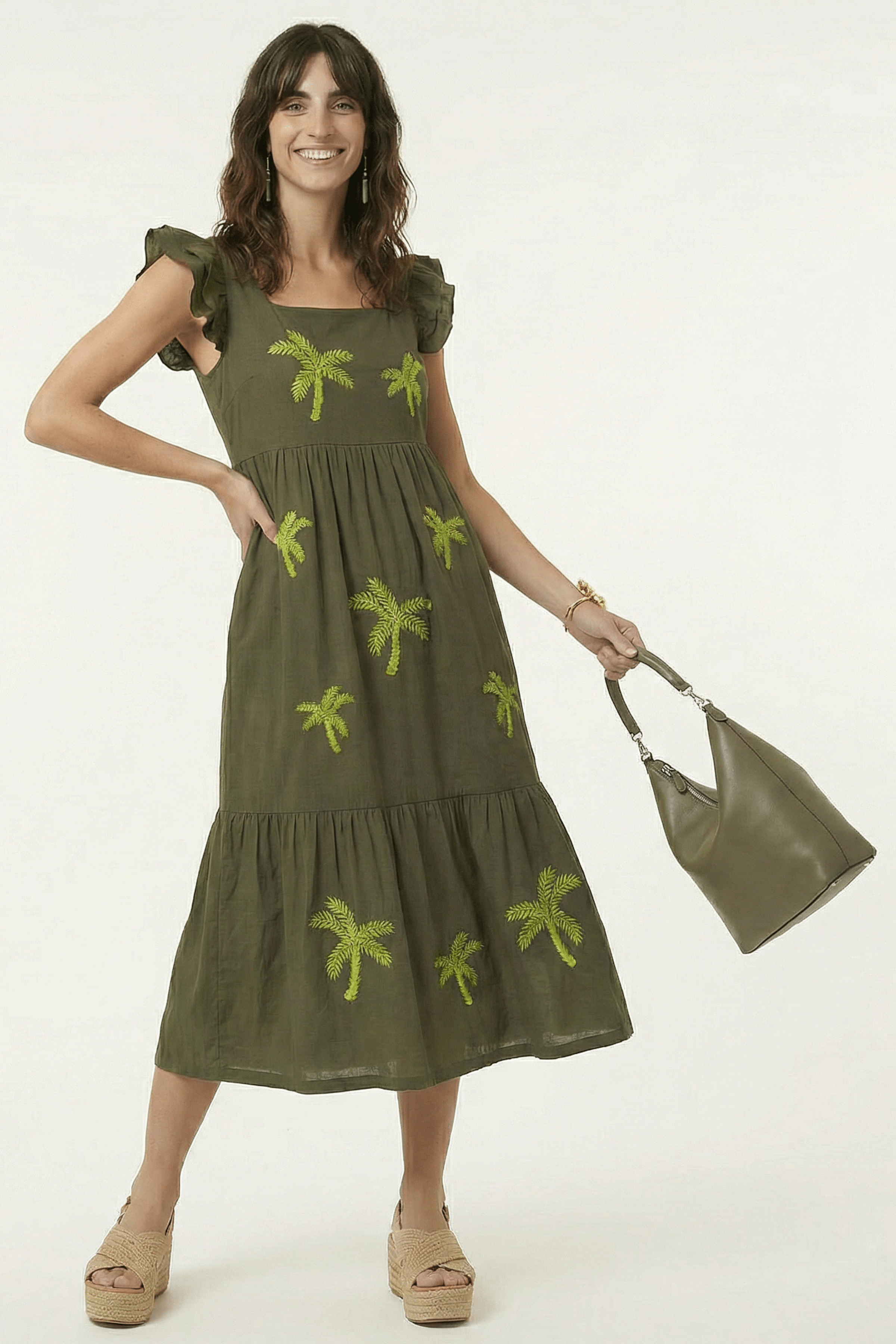 Vestido verde militar largo con palmeras bordadas y volantes Lolitas&L - lolitasyl.com