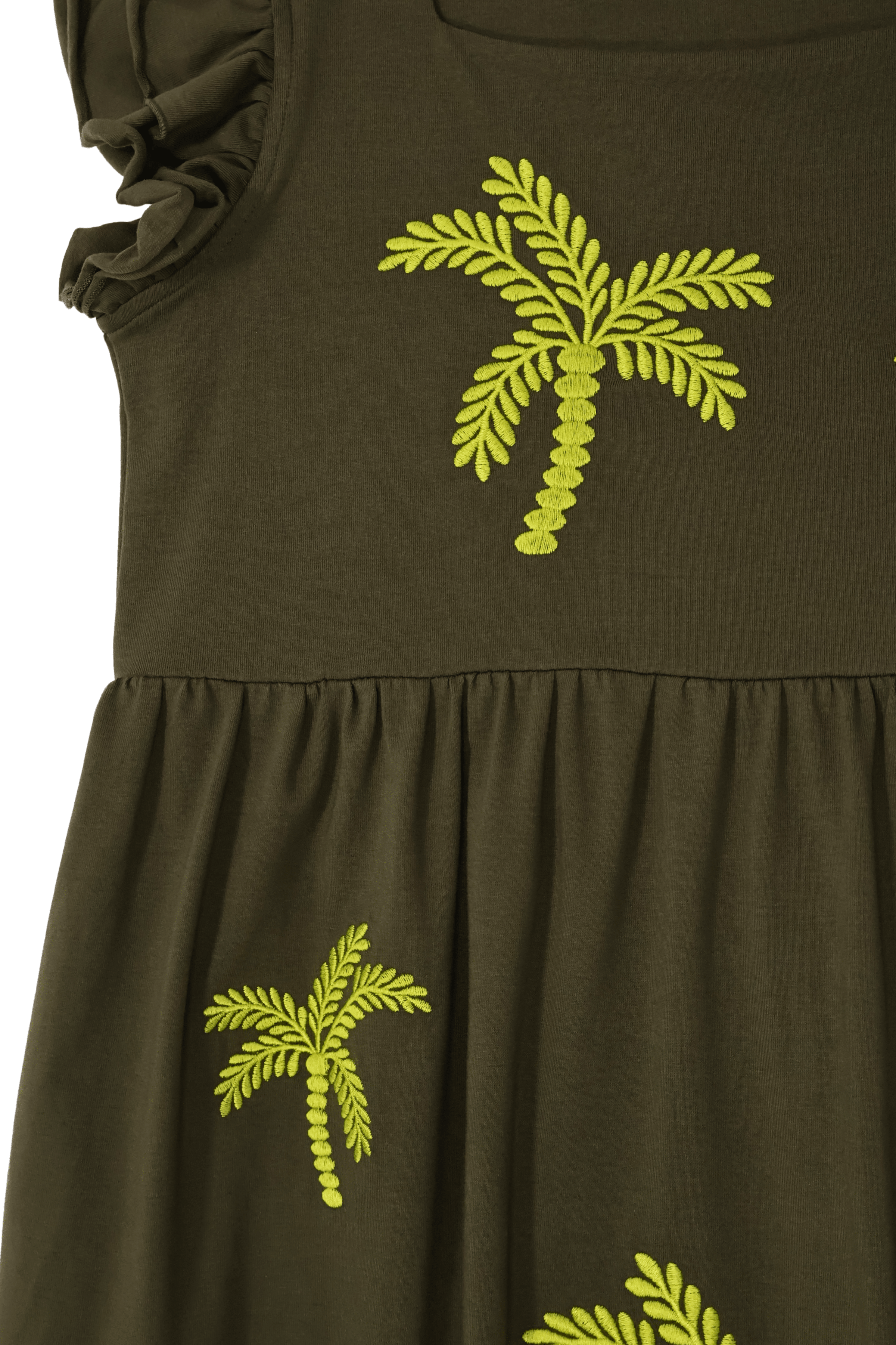 Vestido verde militar largo con palmeras bordadas y volantes Lolitas&L - lolitasyl.com