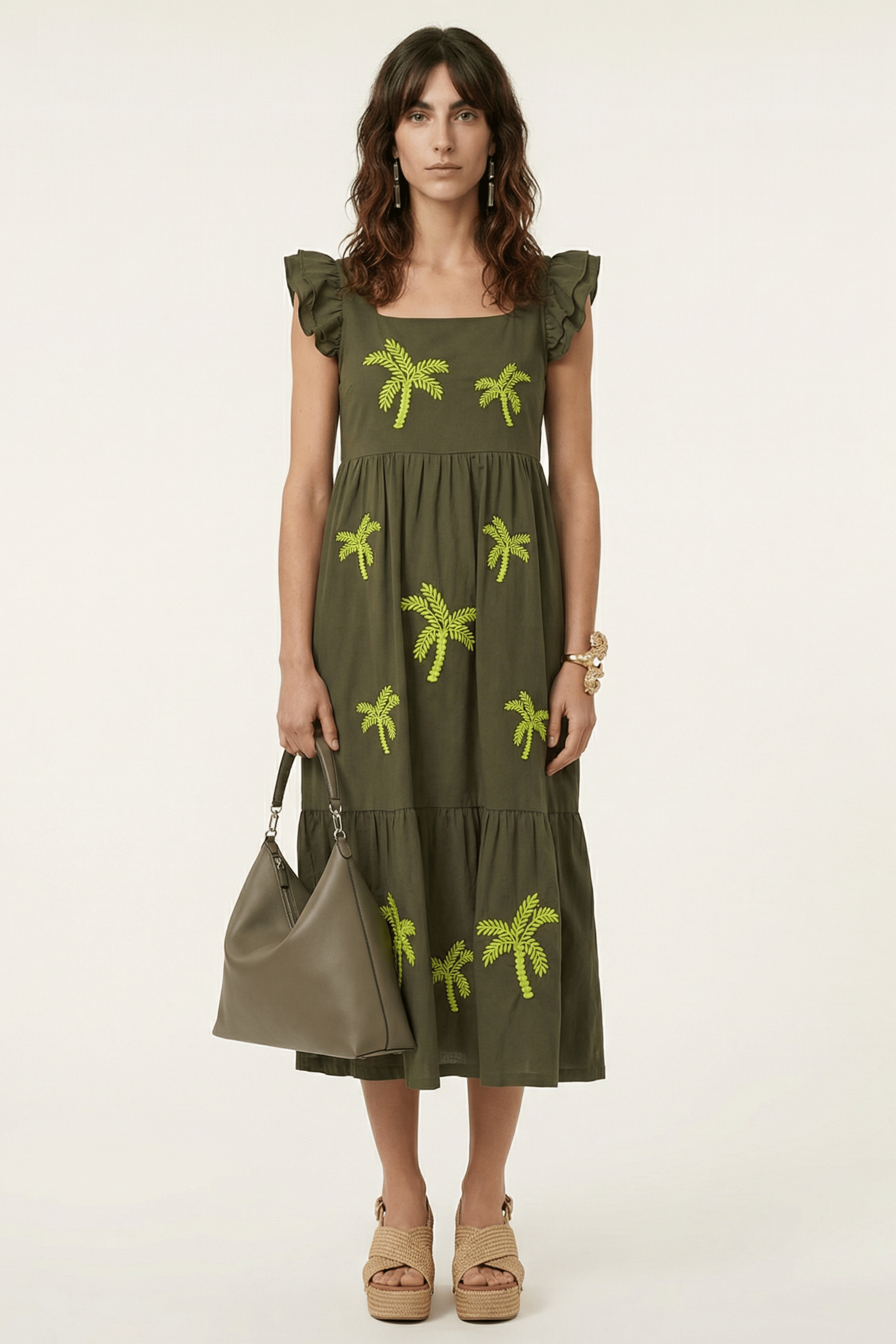 Vestido verde militar largo con palmeras bordadas y volantes Lolitas&L - lolitasyl.com