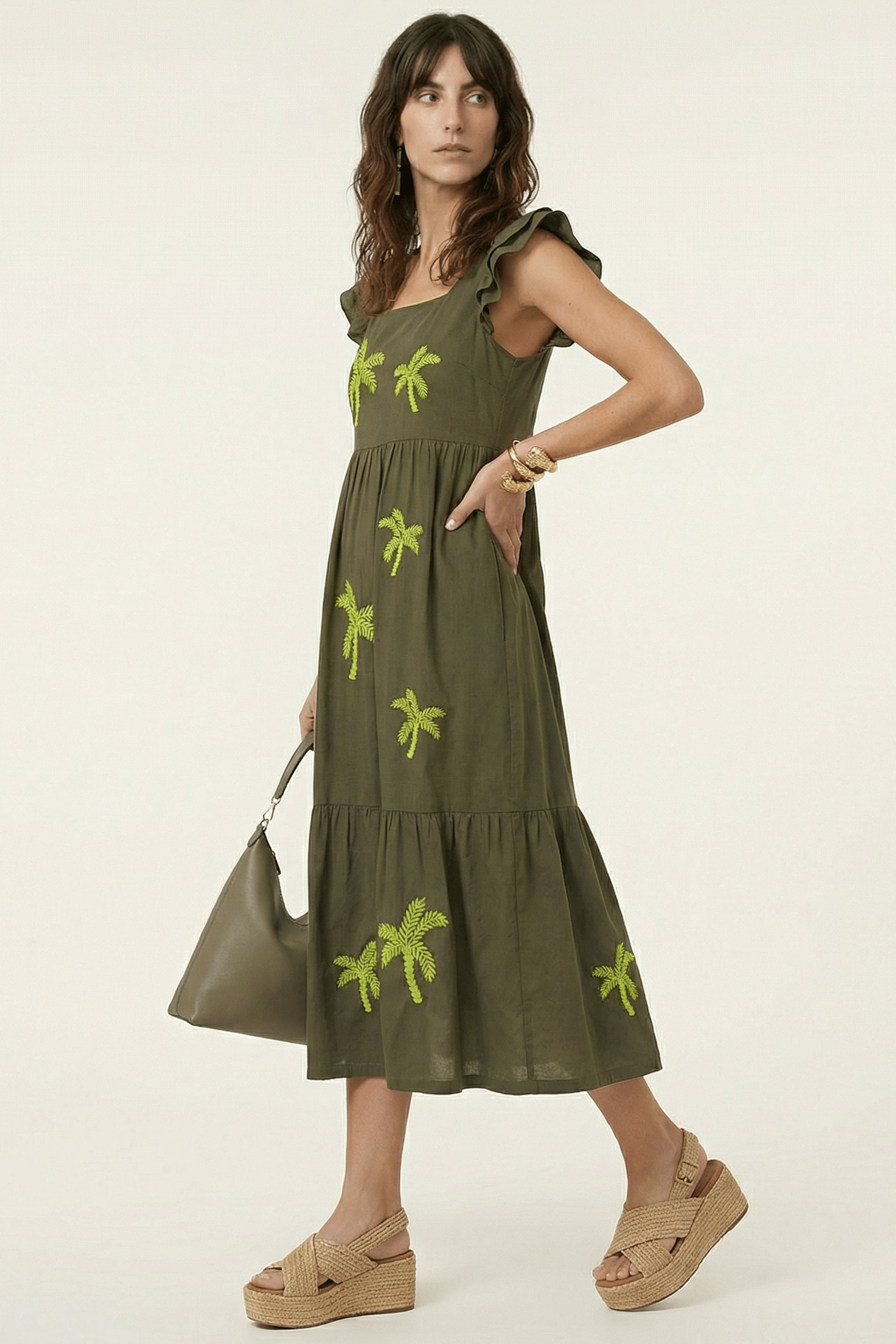 Vestido verde militar largo con palmeras bordadas y volantes Lolitas&L - lolitasyl.com