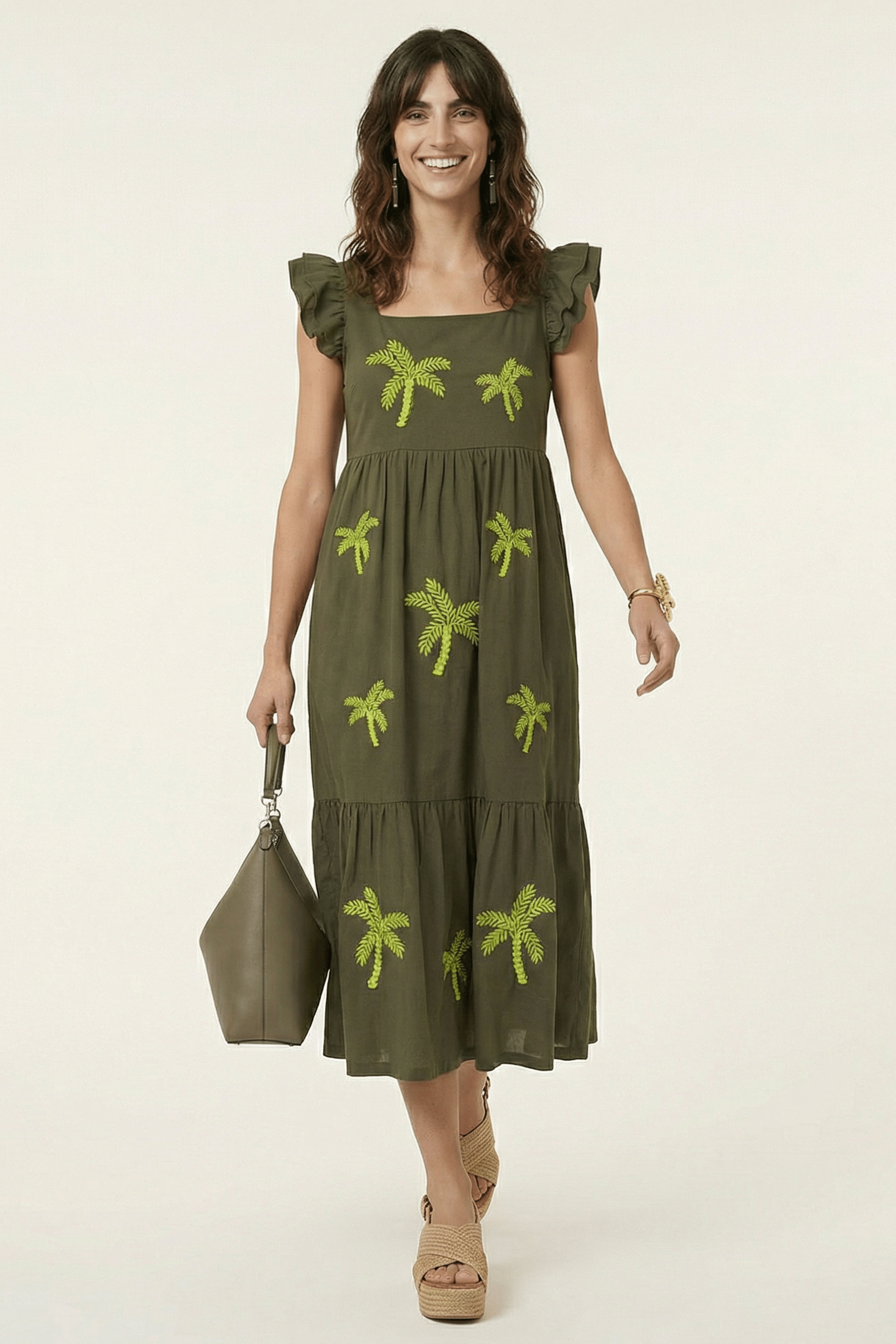 Vestido verde militar largo con palmeras bordadas y volantes Lolitas&L - lolitasyl.com