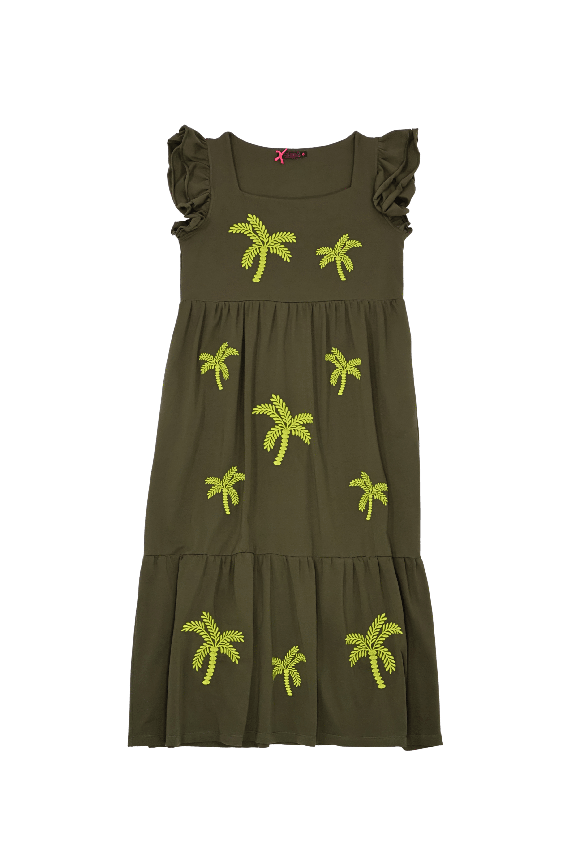 Vestido verde militar largo con palmeras bordadas y volantes Lolitas&L - lolitasyl.com