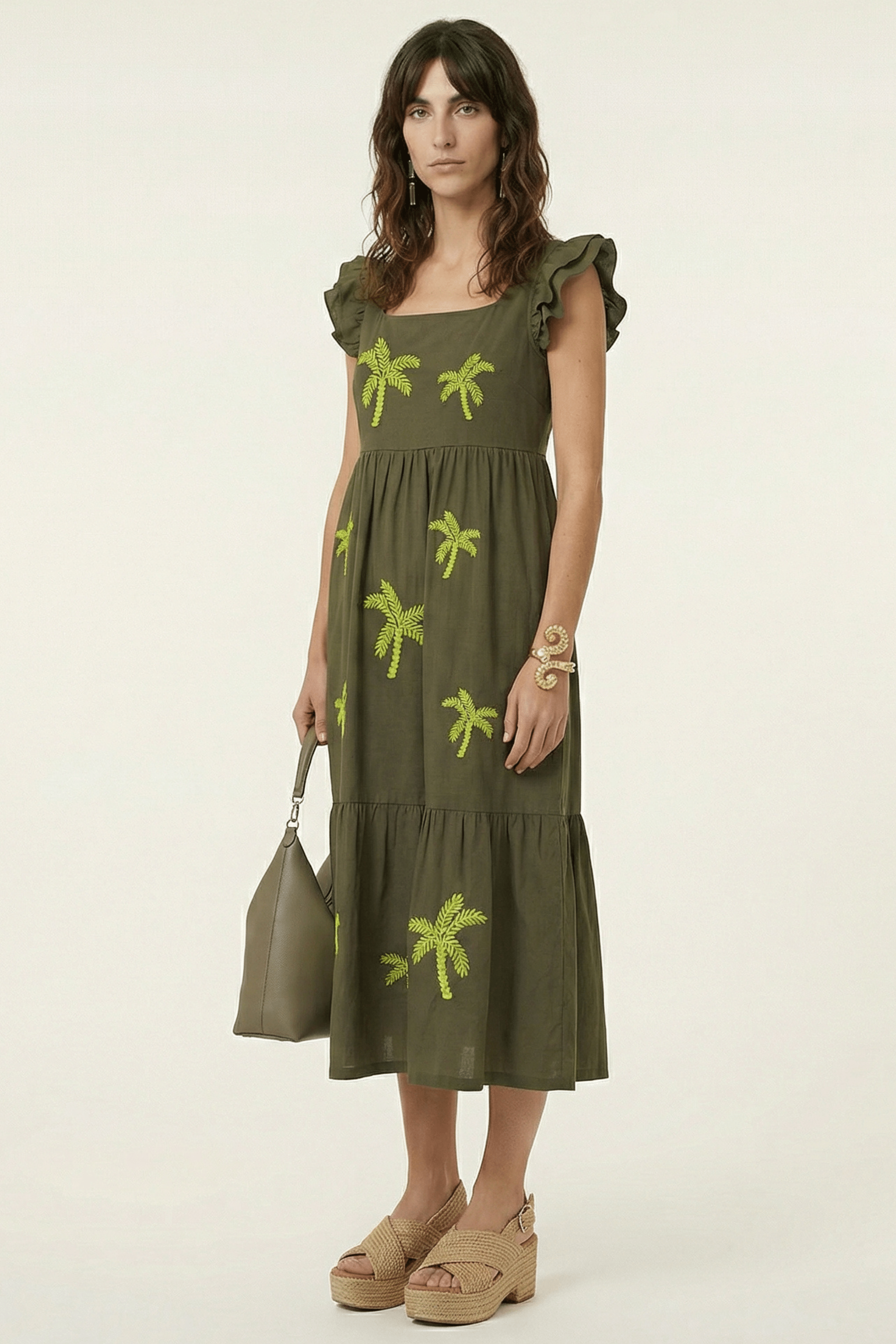 Vestido verde militar largo con palmeras bordadas y volantes Lolitas&L - lolitasyl.com