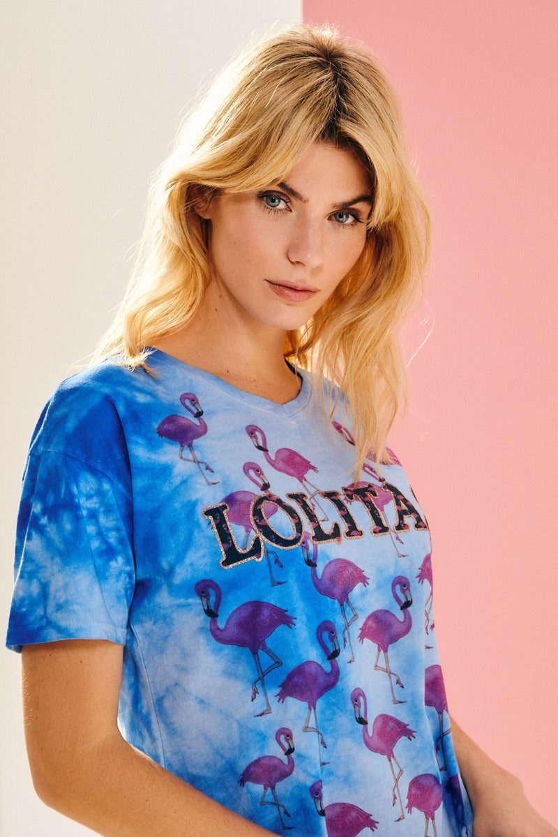 Camiseta azul sky Tie Dye estampado flamencos complemento﻿ Lolitas - lolitasyl.com