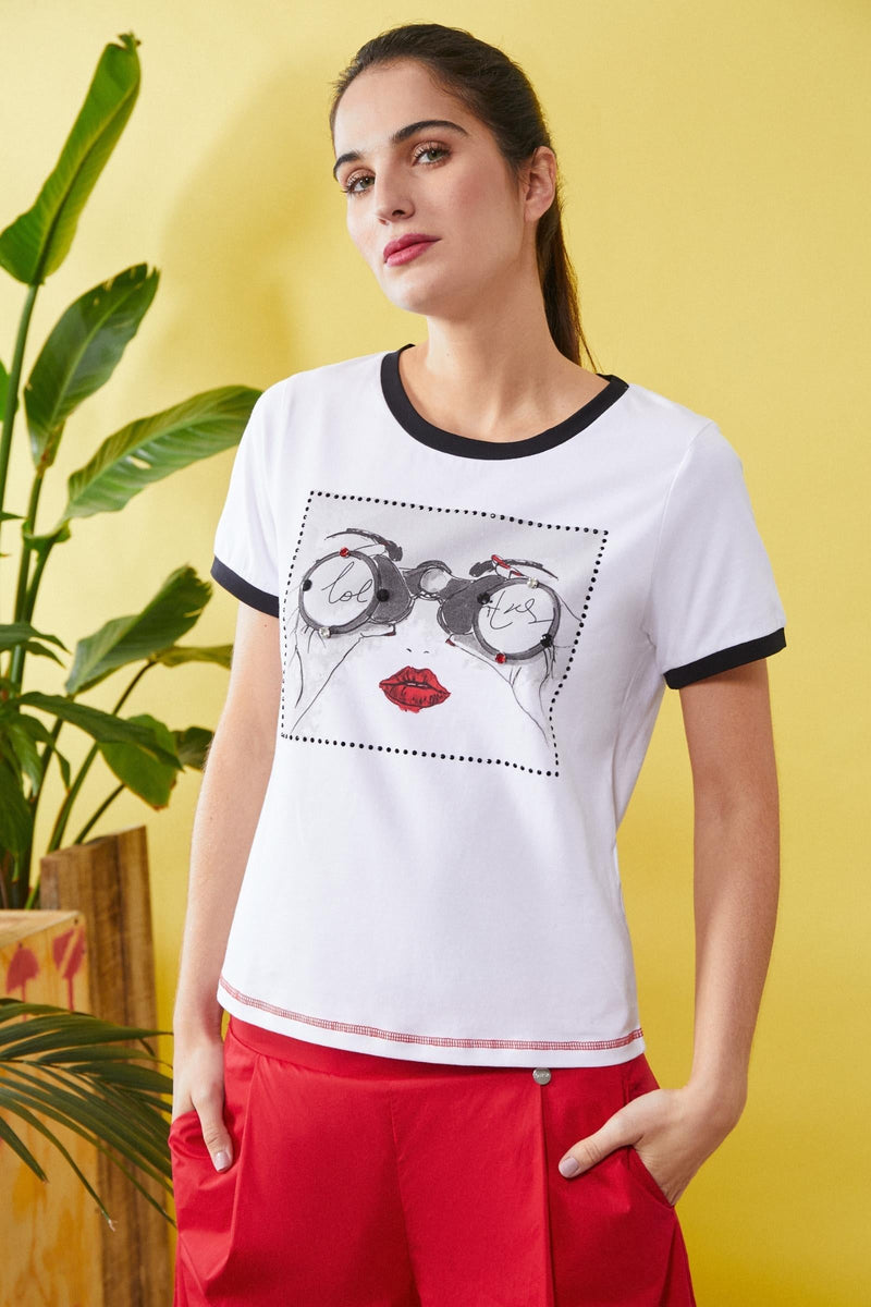 Camiseta blanca algodón motivo prismáticos con strass - lolitasyl.com