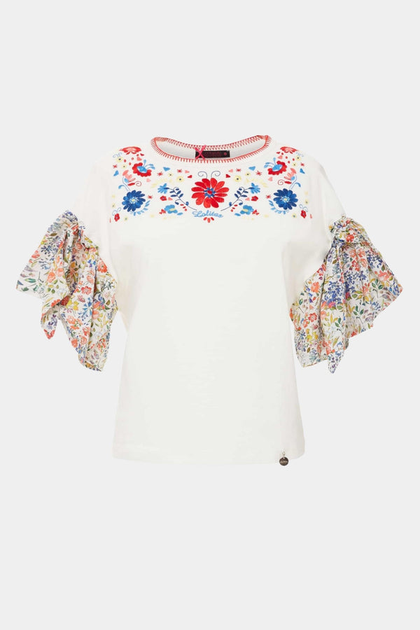 Camiseta blanca bordada con mangas estampado flores - lolitasyl.com