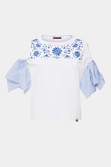 Camiseta blanca bordada con mangas estampado rayas - lolitasyl.com