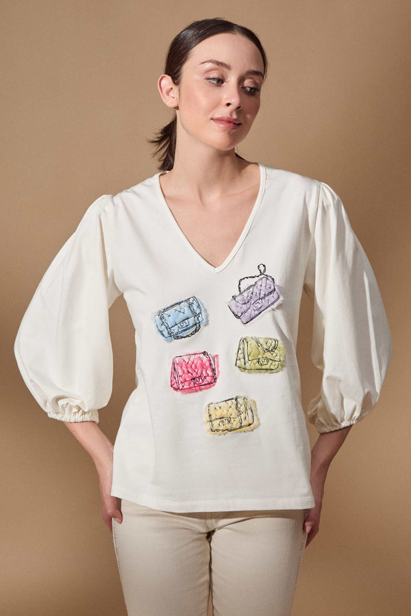 Camiseta blanca bordado de bolsos escote en uve Lolitas - lolitasyl.com