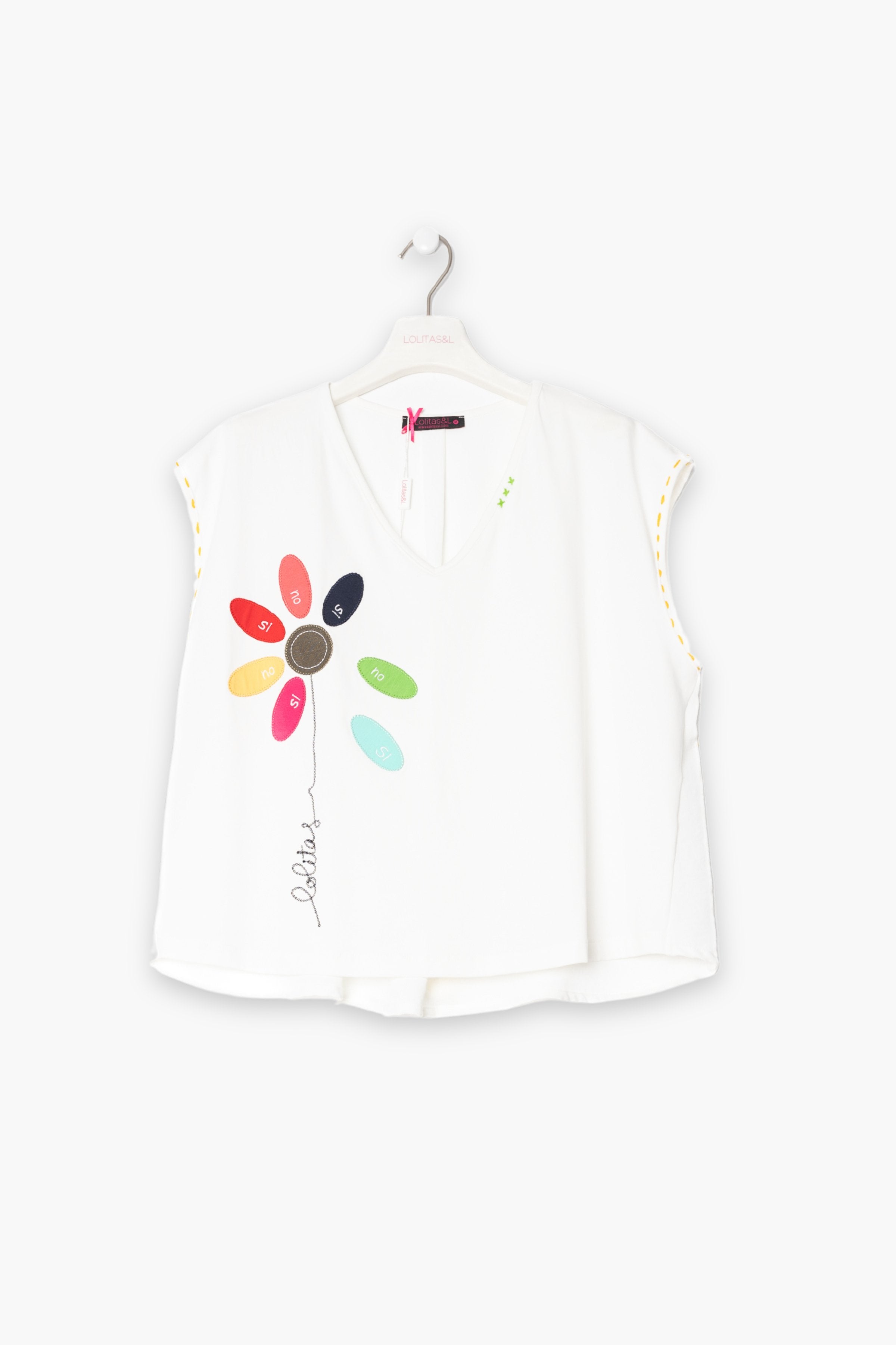 Camiseta blanca bordado flor multicolor si no LolitasyL - lolitasyl.com
