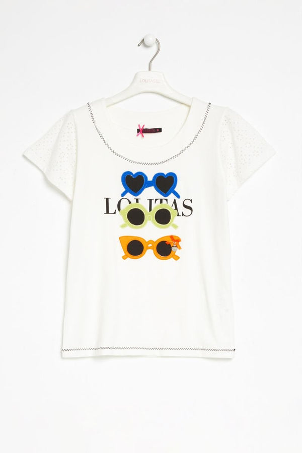Camiseta blanca bordado gafas manga grogre Lolitas&L - lolitasyl.com