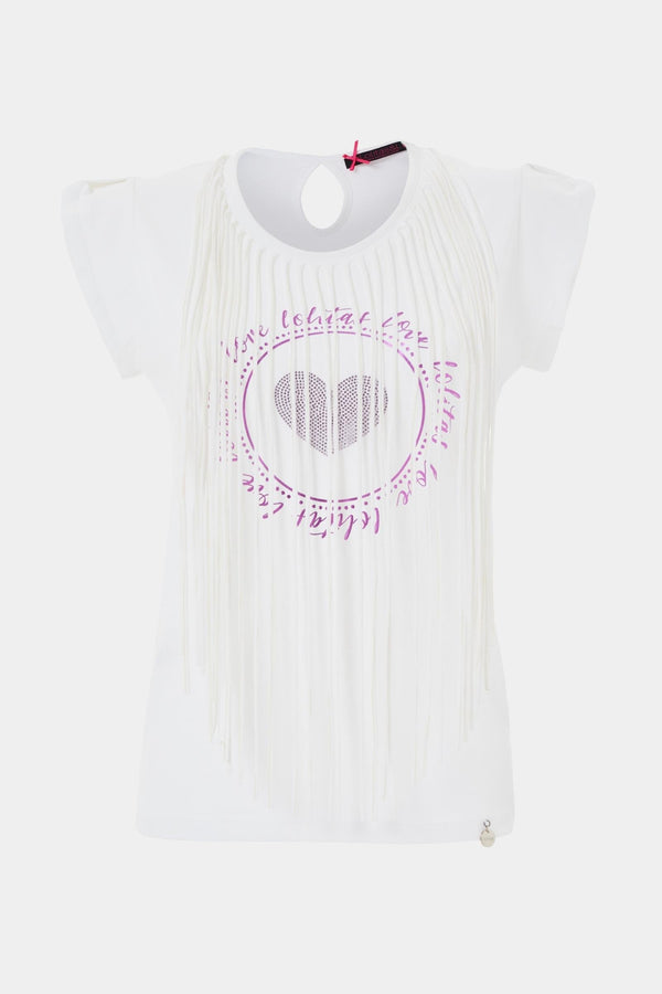 Camiseta blanca con flecos largos estampado corazón - lolitasyl.com