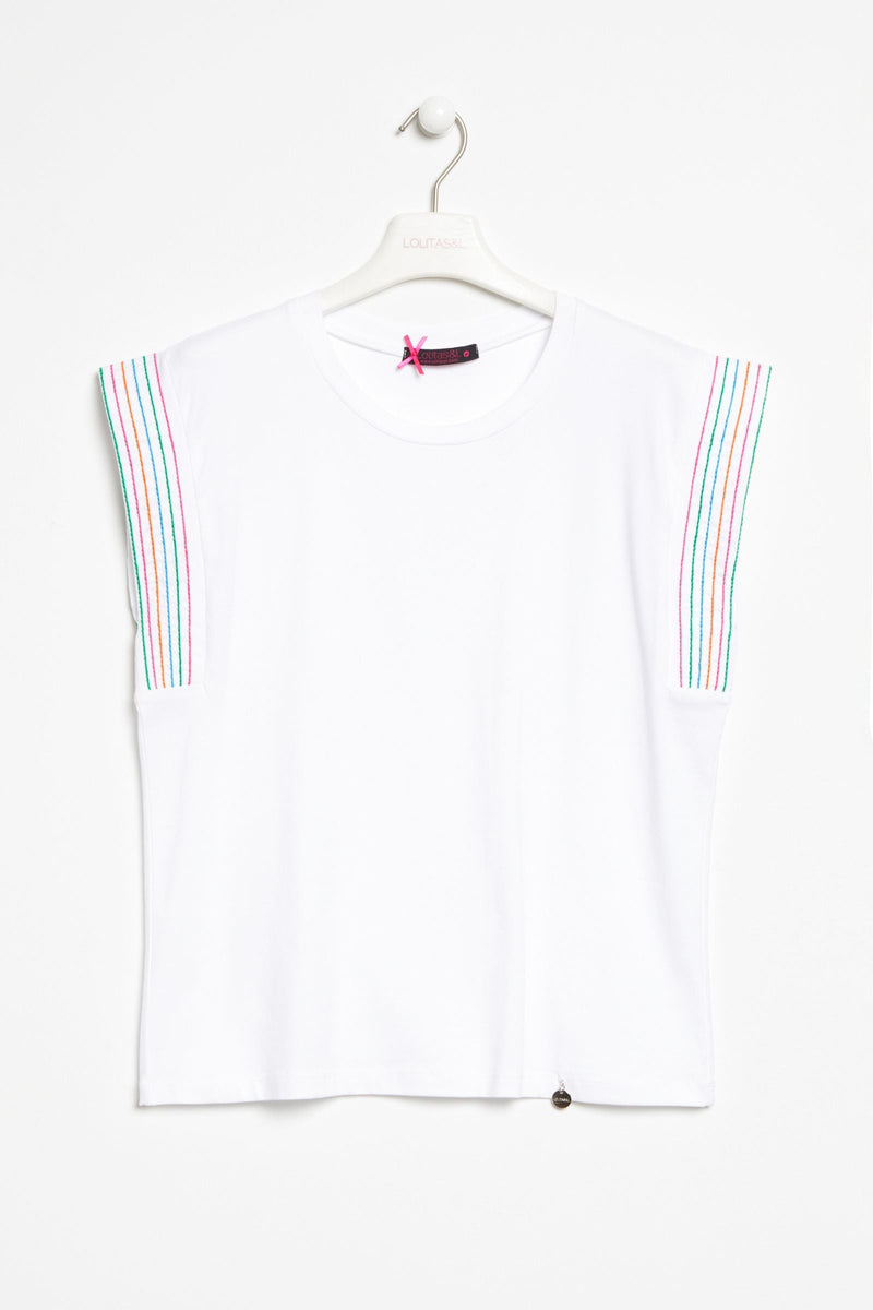 Camiseta blanca con sisa amplia bordado multicolor LolitasyL - lolitasyl.com