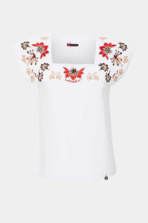 Camiseta blanca escote cuadrado bordado flores - lolitasyl.com