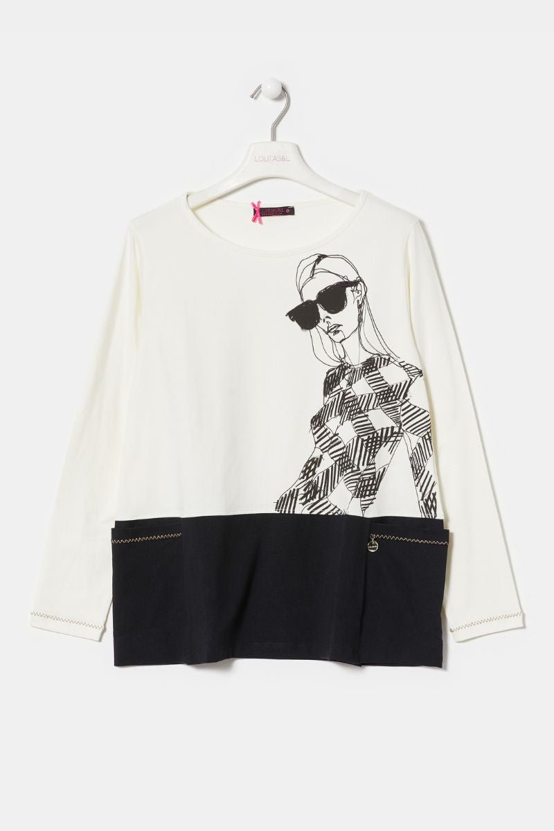 Camiseta blanca estampada gafas con bolsillos LolitasyL - lolitasyl.com