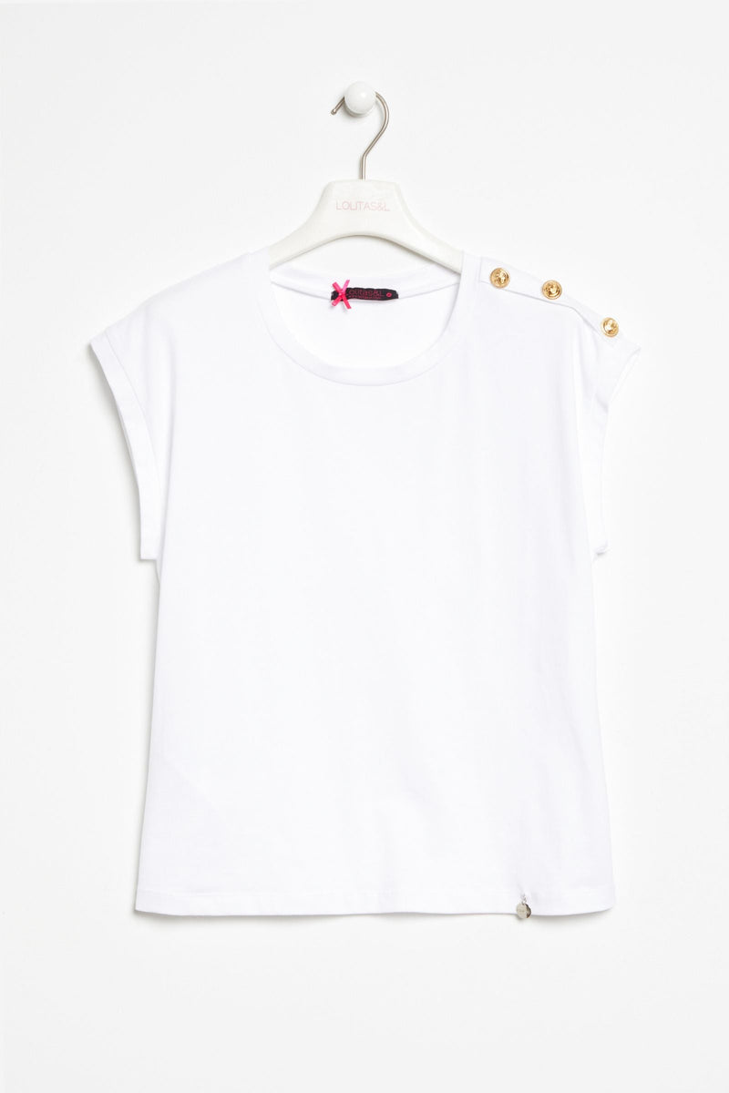 Camiseta blanca manga pegada con botones dorados de Lolitas&L - lolitasyl.com