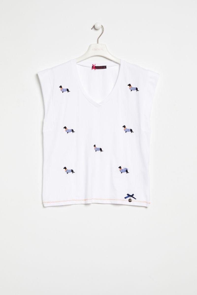 Camiseta blanca pico perrito bordado Lolitas&L - lolitasyl.com
