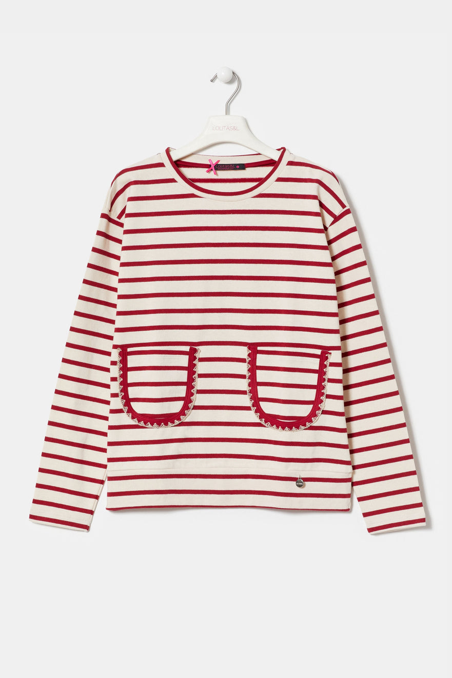 Camiseta crema con rayas granate y bolsillos de LolitasyL - lolitasyl.com