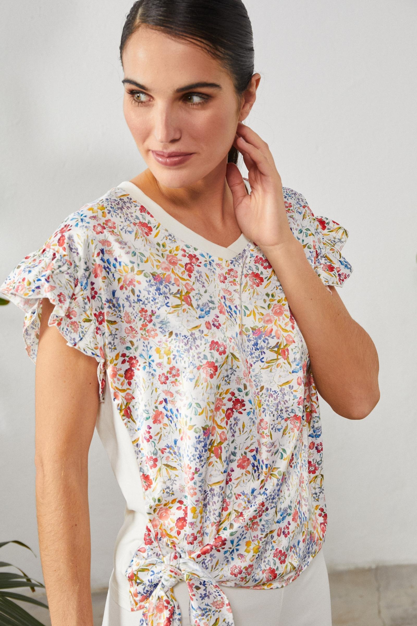 Camiseta estampada flores nudo en la cintura - lolitasyl.com