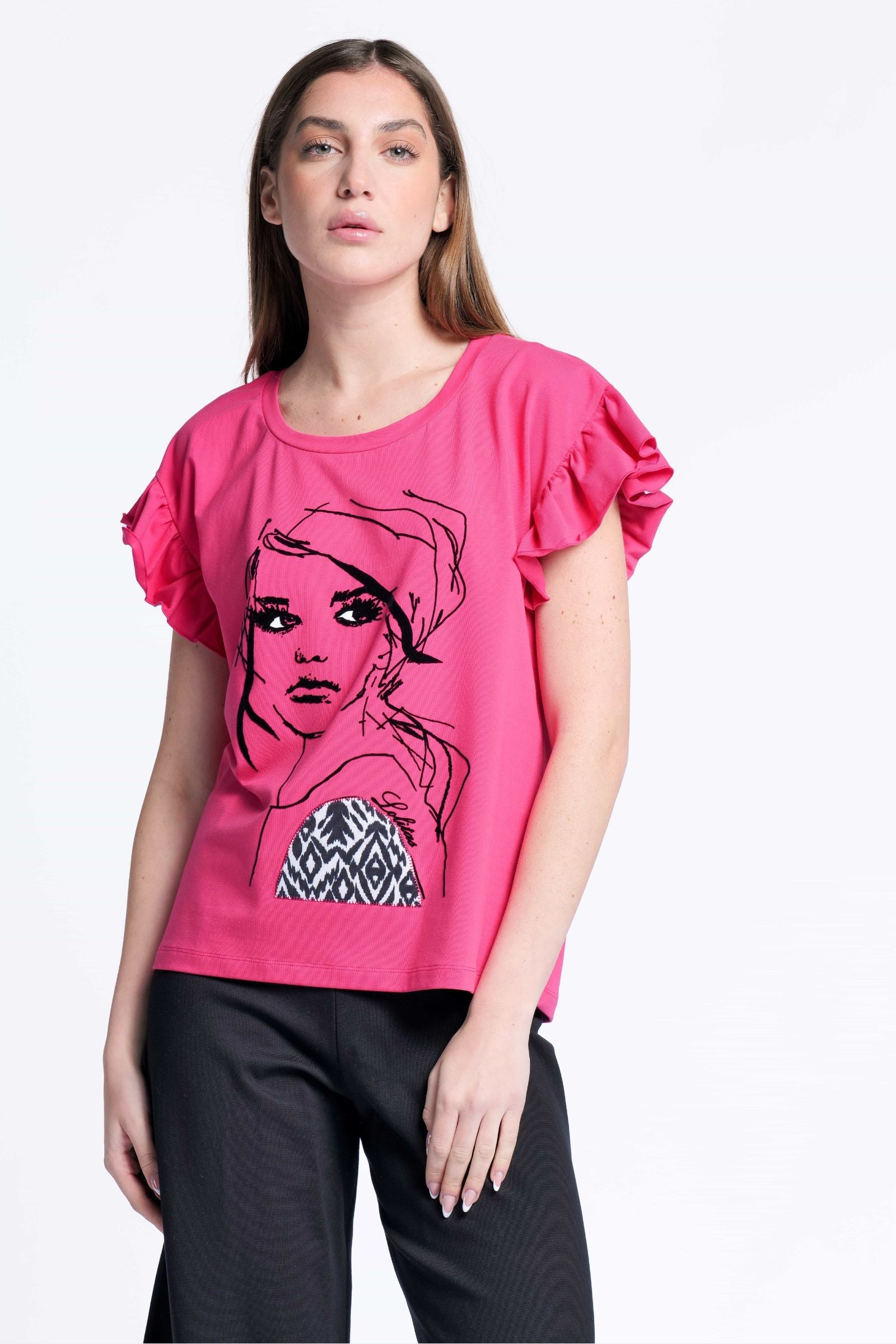 Camiseta fucsia algodon estampado cara Lolitas&L - lolitasyl.com