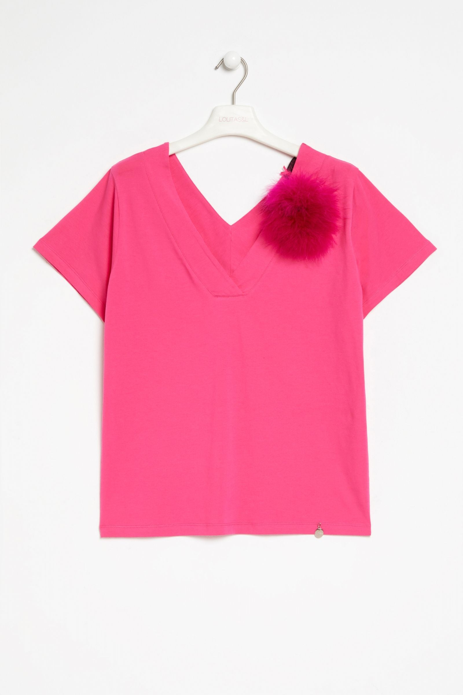 Camiseta Fucsia Pompon Con Escote Uve Amplio Lolitas L camiseta-fucsia-pompon-con-escote-uve-amplio-lolitas-l
