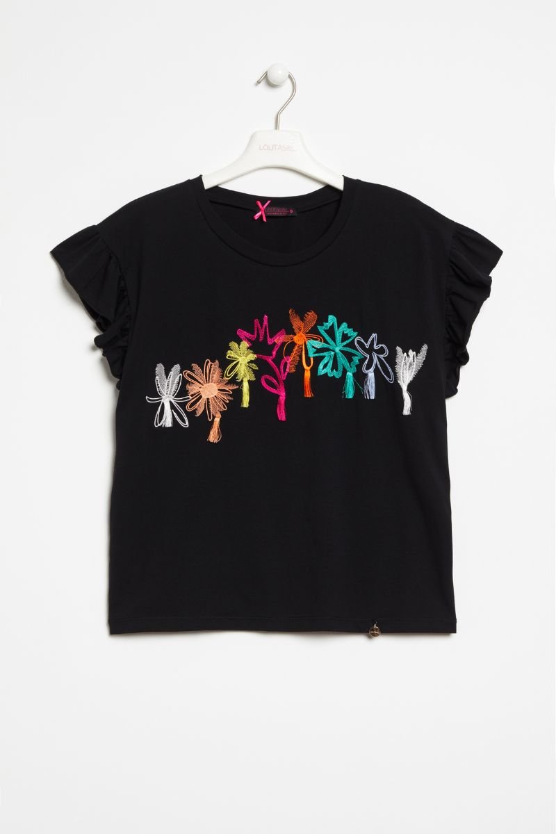 Camiseta negra bordado multicolor manga volantes Lolitas&L - lolitasyl.com