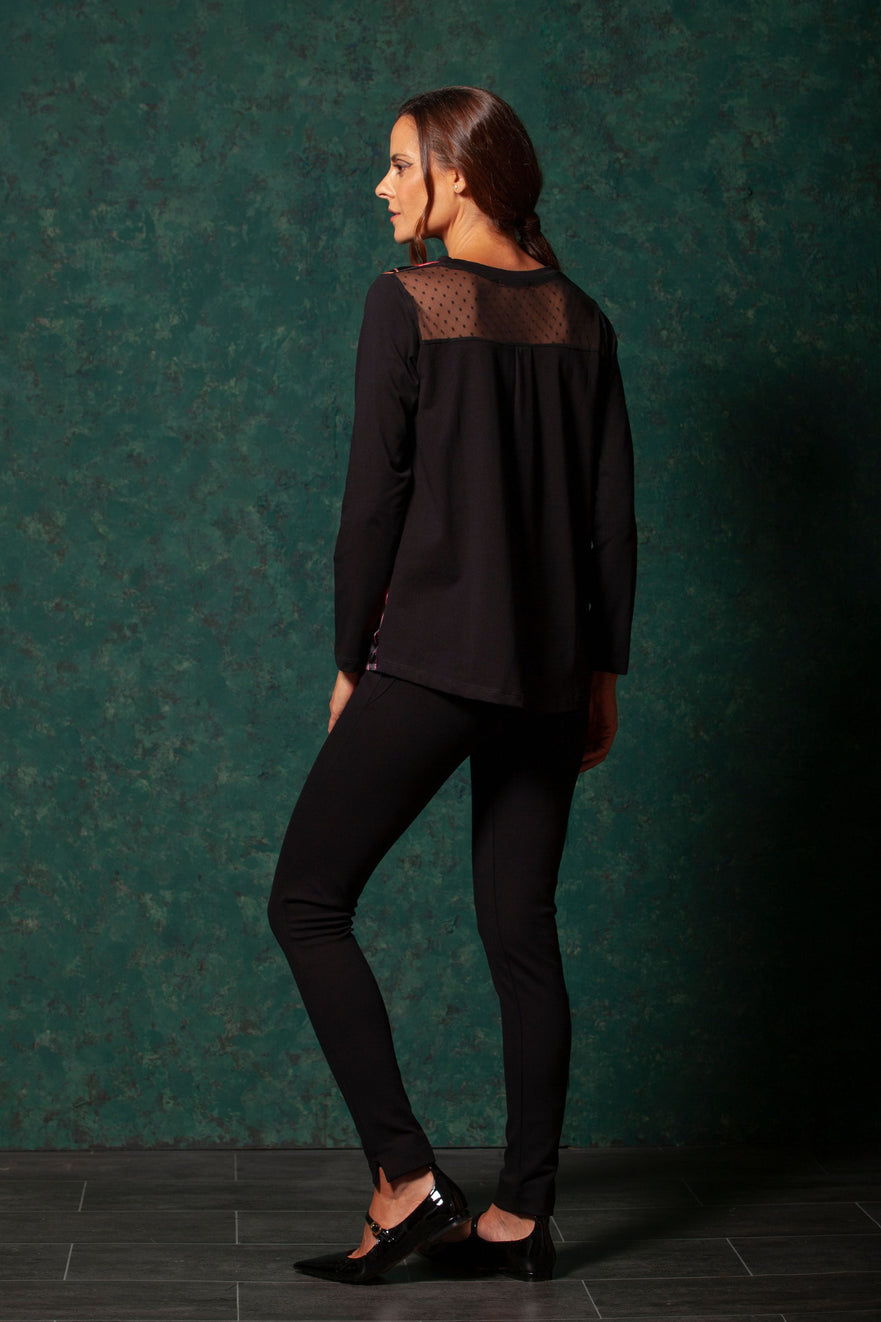 Camiseta negra delantero saten con estampado plumage LolitasyL - lolitasyl.com
