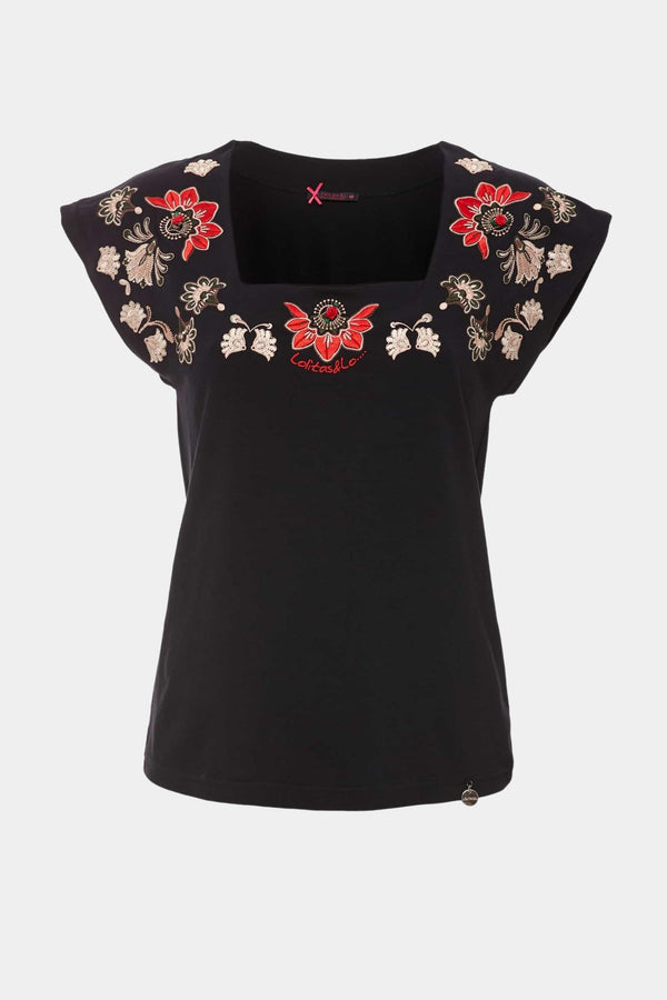 Camiseta negra escote cuadrado bordado flores - lolitasyl.com