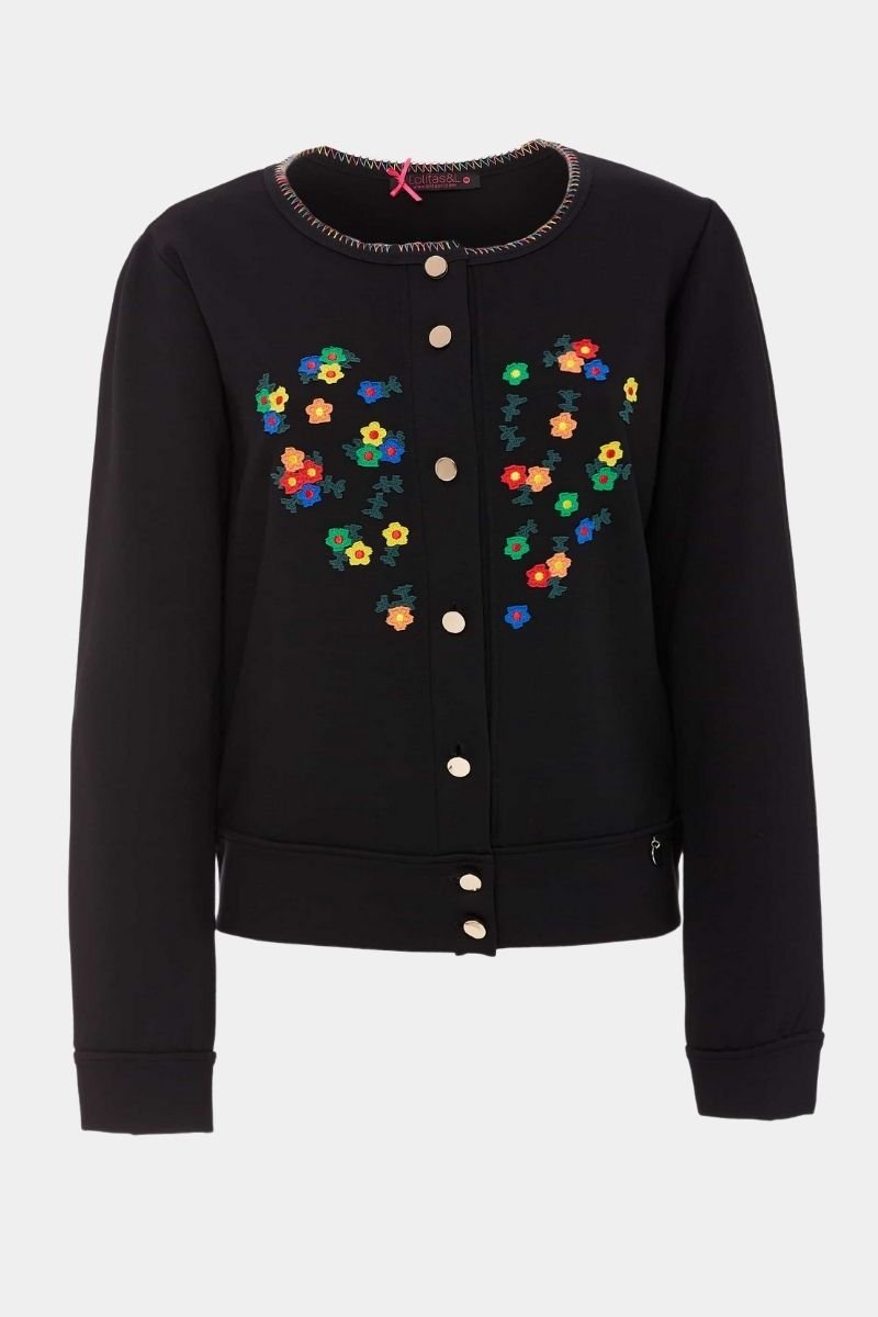 Chaqueta negra abotonada con flores bordadas - lolitasyl.com