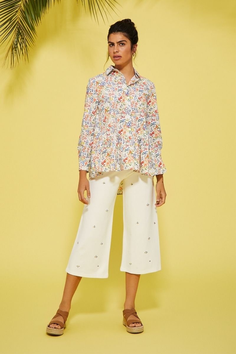 Pantalón blanco ancho básico con bordado flor - lolitasyl.com