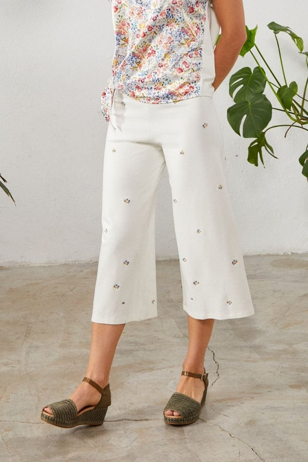 Pantalón blanco ancho básico con bordado flor - lolitasyl.com