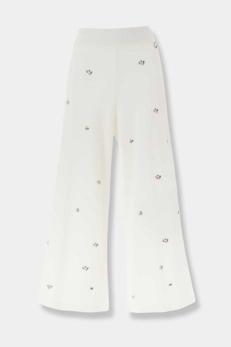 Pantalón blanco ancho básico con bordado flor - lolitasyl.com