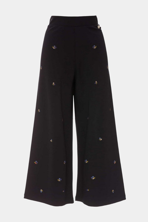 Pantalón negro ancho básico con bordado flor - lolitasyl.com