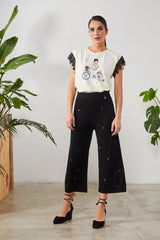 Pantalón negro ancho básico con bordado flor - lolitasyl.com