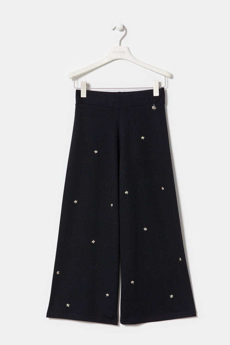 Pantalon negro ancho con motivo flor bordada LolitasyL - lolitasyl.com