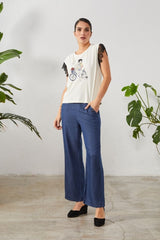 Pantalón vaquero azul ancho botones dorados - lolitasyl.com