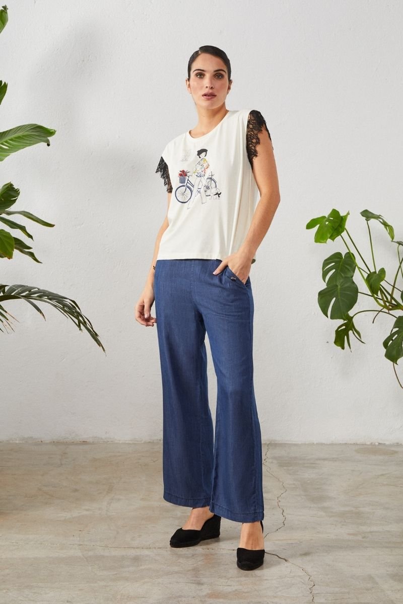 Pantalón vaquero azul ancho botones dorados - lolitasyl.com