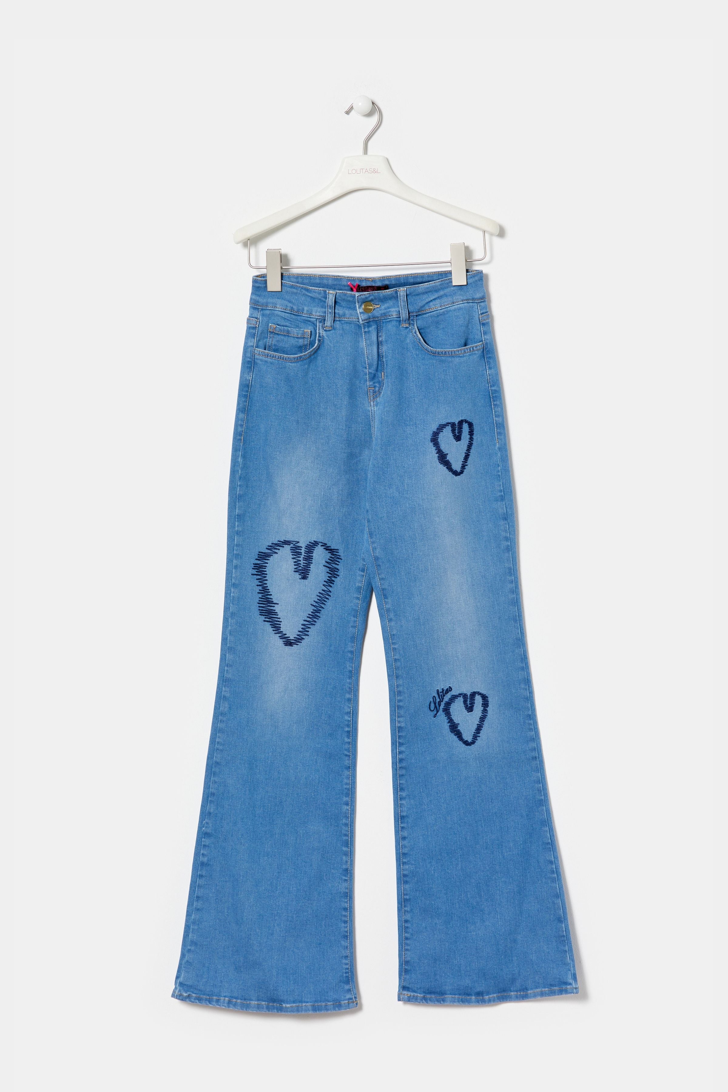 Pantalon vaquero azul corazones bordados con cinco bolsillos LolitasyL - lolitasyl.com