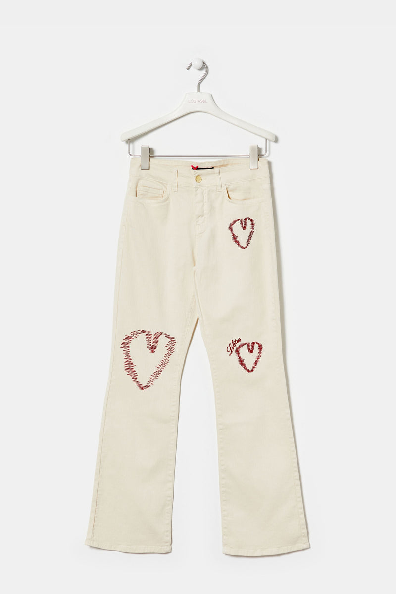 Pantalon vaquero blanco con bordado corazones cinco bolsillos LolitasyL - lolitasyl.com