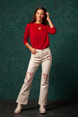 Pantalon vaquero blanco con bordado corazones cinco bolsillos LolitasyL - lolitasyl.com