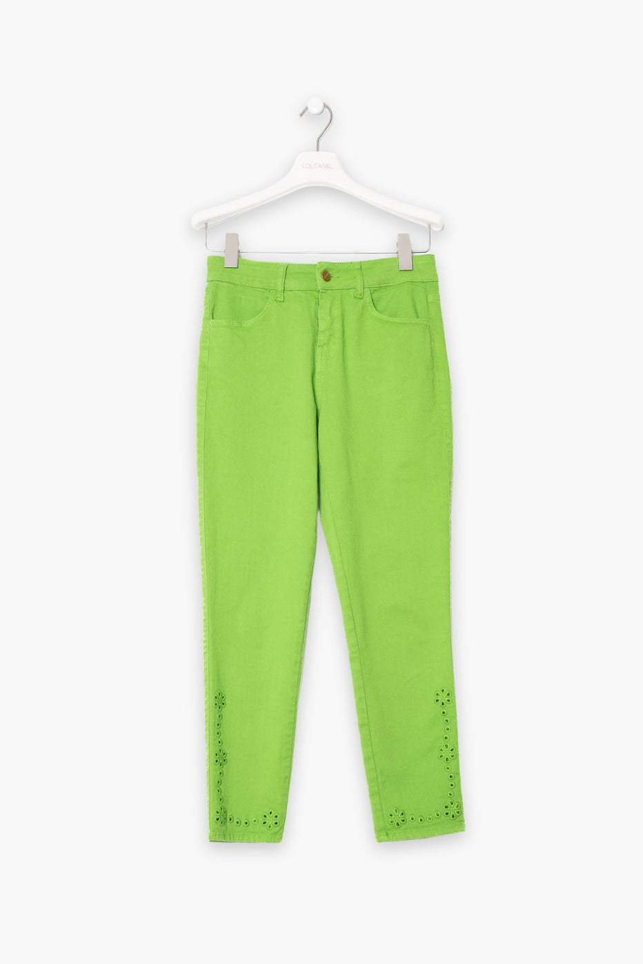 Pantalon verde pitillero cinco bolsillos con bordado LolitasyL - lolitasyl.com