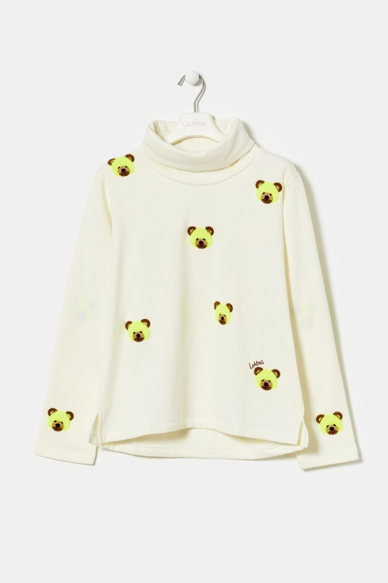 Sudadera blanca osito bordado con cuello chimenea LolitasyL - lolitasyl.com