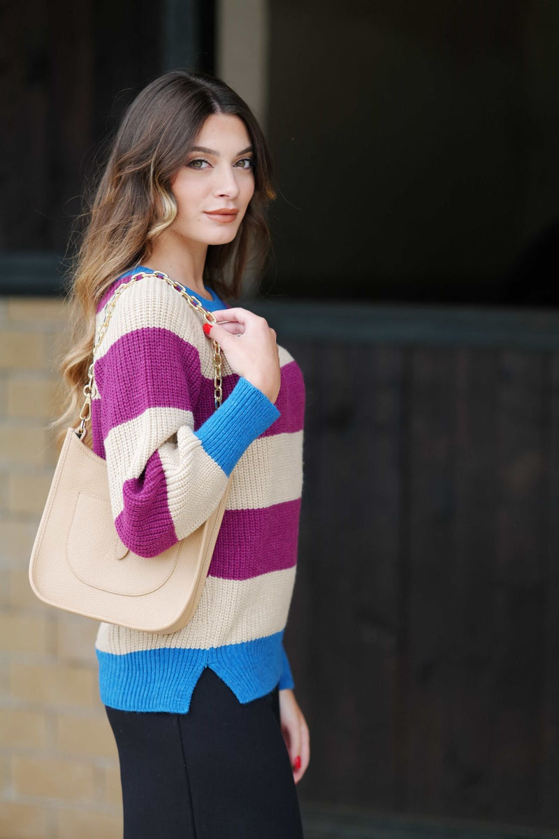 Suéter rayas beige y morado escote barco Lolitas - lolitasyl.com