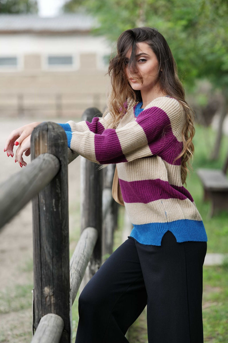 Suéter rayas beige y morado escote barco Lolitas - lolitasyl.com